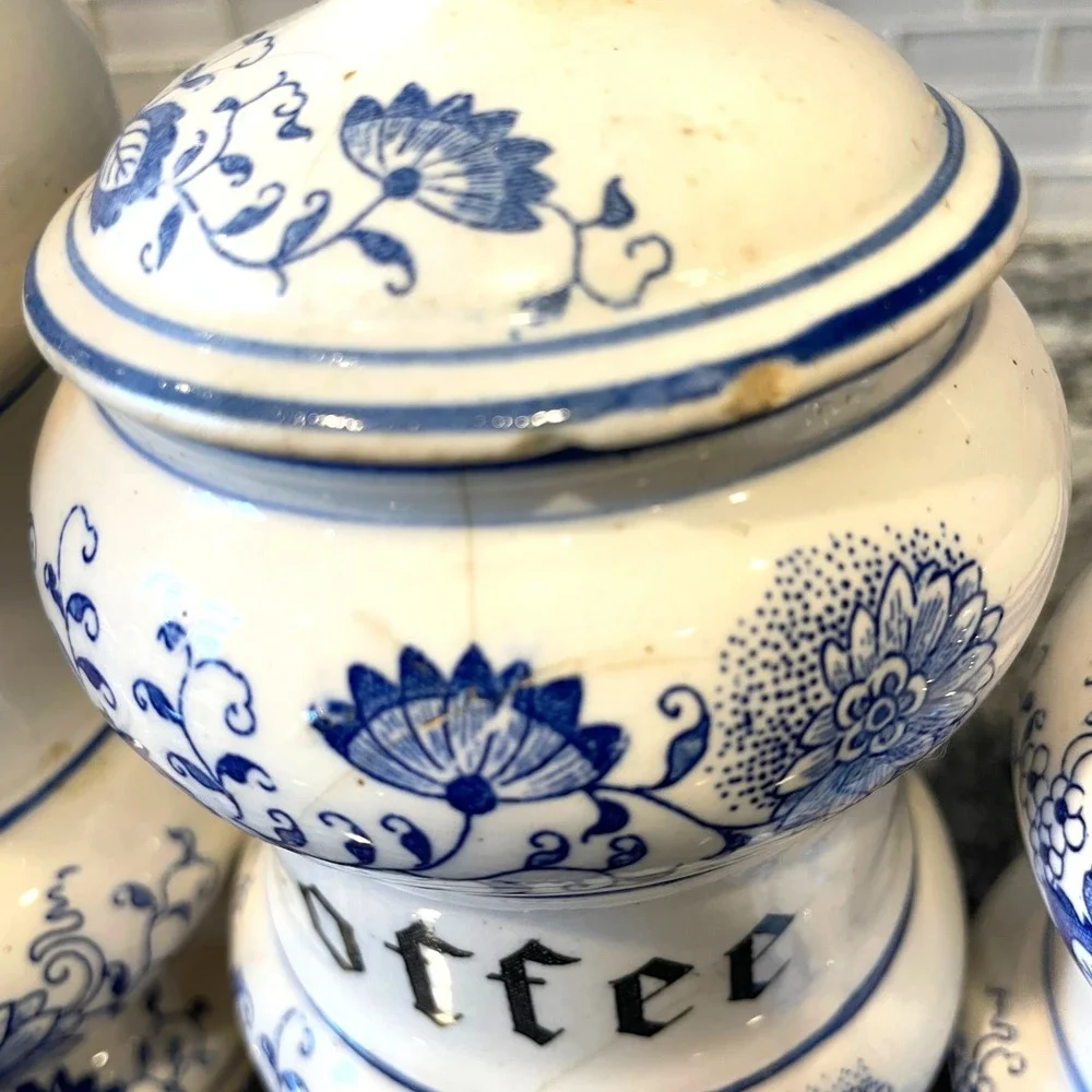 Vintage Blue White Onion Pattern Ceramic Canister Set Flour Sugar Coffee Tea